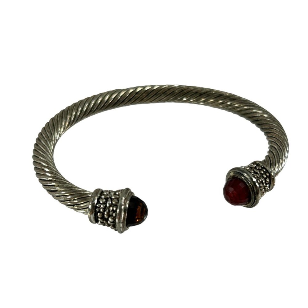 Twisted Cable Cuff Bracelet Silver Tone Open Bangle Faceted Red Imitation Stone
